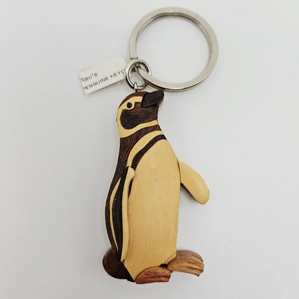NEW Wooden Layered Wood Penguin Keychain
